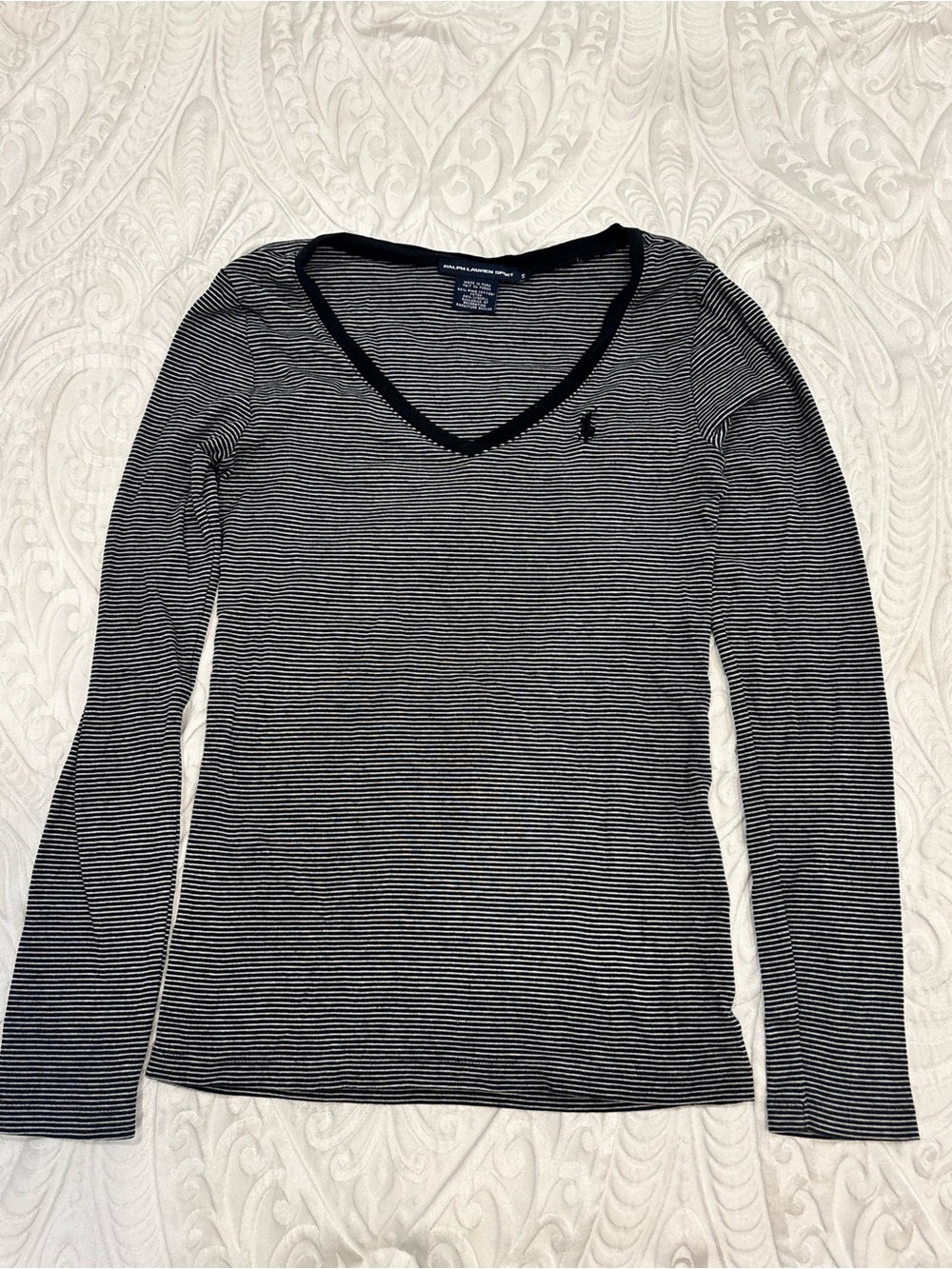 Ralph Lauren Black and White Striped V-Neck Long Sleeve Top